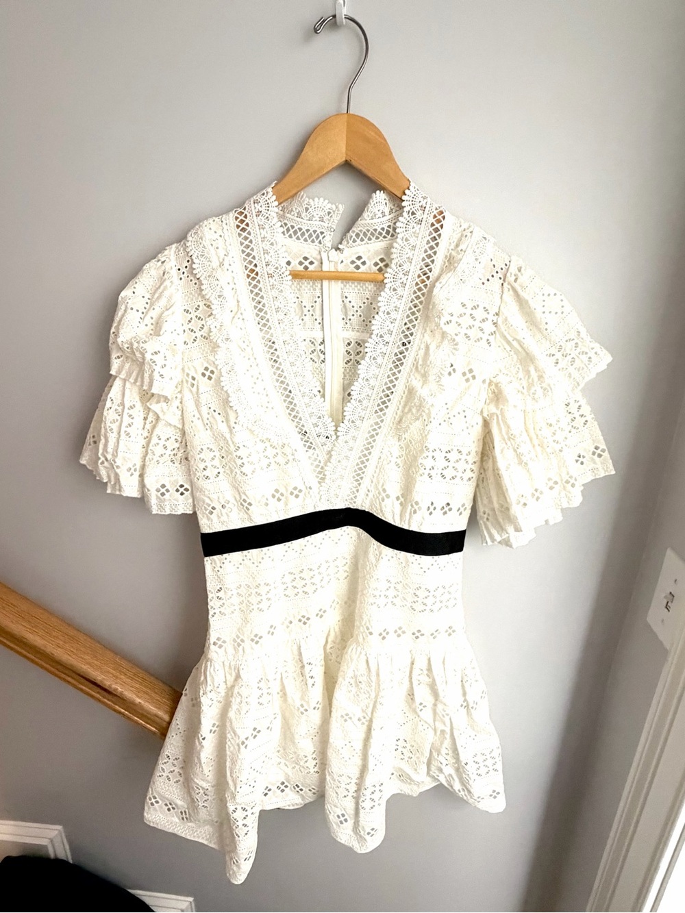 Self Portrait Ivory Eyelet Lace Peplum Top with Black Waistband